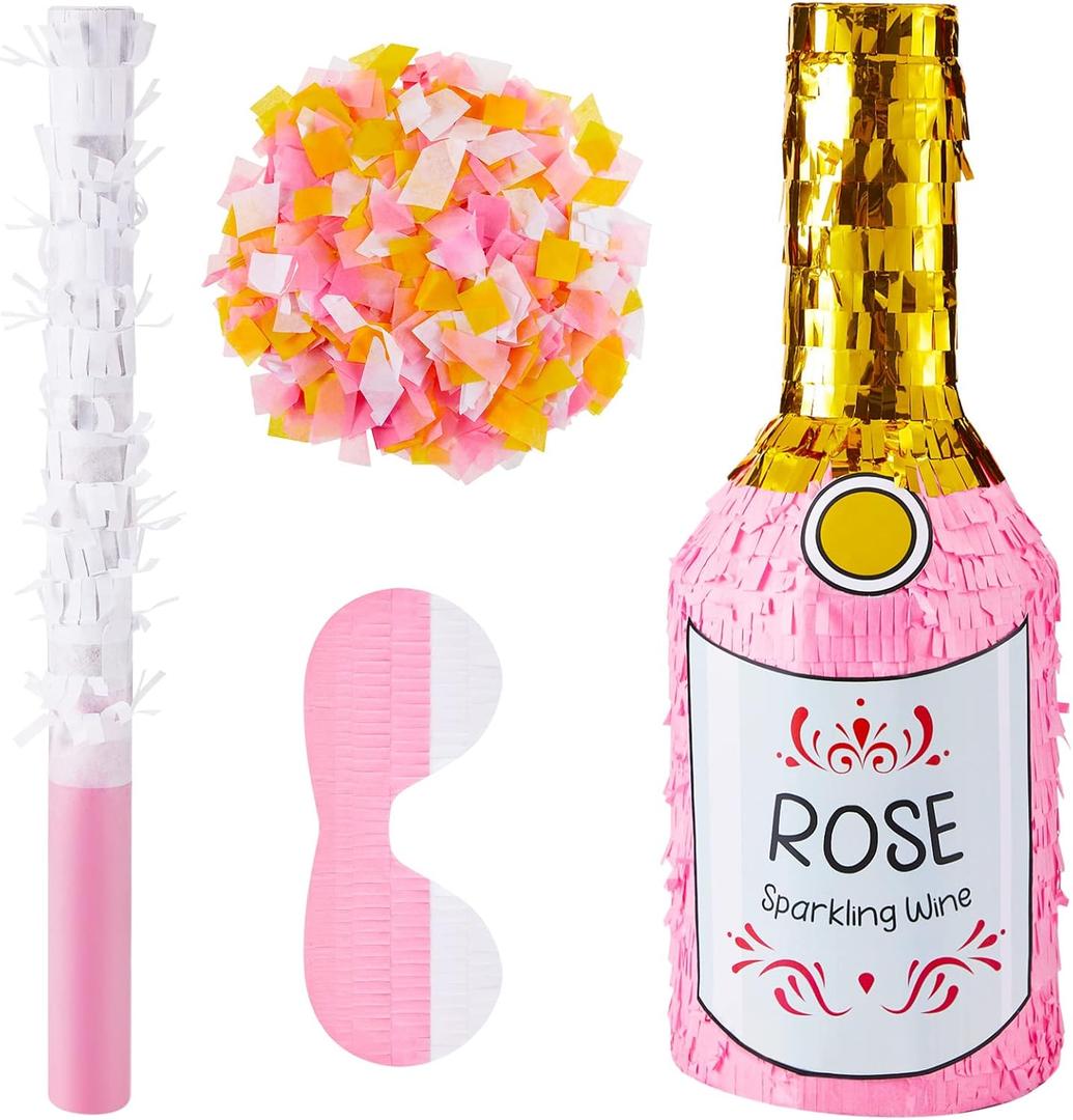 Champagne Piñata for Adults Party Decor Prop Pink Champagne Bottle Piñata with Stick, Blindfold, Confetti for Bridal Bachelorette Wedding 21st Birthday Summer Pool Party Favor Supplies