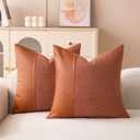 Fluffy Boucle Throw Pillow Covers 18x18 Inch Set of 2 Rust Red Textured Boho Decorative Pillow Covers with Faux Leather Accents Farmhouse Cushion Covers for Couch Sofa Bed Home Decor