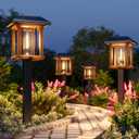 XMCOSY+ 4-Pack Solar Pathway Lights Outdoor, 25 Lumens Vintage Edison LED Landscape Lighting, IP65 Waterproof Seeded Glass & Metal Stakes Solar Powered Garden Lights for Yard Patio Walkway Driveway (Two-Tone Bronze & Wood Color)