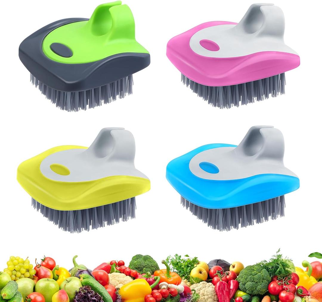Aodaer 4 Pieces Vegetable Brush Potato Scrubber Brush Silicone Hard and Soft Side Fruit Cleaning Tools for Delicate or Tough-Skinned Vegetables (Blue, Hot Pink, Yellow, Green)