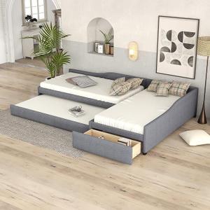Flieks Upholstered Double Twin Size Daybed with Trundle and Drawer, Gray