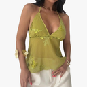 SHENHE Women's Y2k Floral Sequin Halter Top Low Cut Backless Sheer Chiffon Ruffle Flowy Tank, Size: M