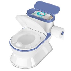 2-in-1 Toddler Potty Training Toilet - Larger Potty Chair & Detachable Training Seat for Boys & Girls Ages 1-3 with Flushing Sound, Wipes Storage, Toilet Paper Holder - Blue
