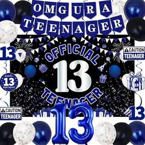 13th Birthday Decorations for Boys Girls, Blue Black Omg Ur A Teenager Birthday Party Decorations, Official 13 Teenager Backdrop, Foil Balloons 13, Banner, Balloons, Hanging Swirls, Birthday Card Set
