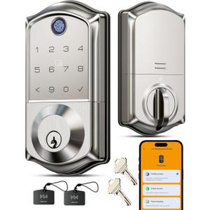 Veise VE017 Fingerprint Smart Door Lock, App Control, 8-in-1 Keyless Entry, Auto Lock, Emergency Power Port, Electronic Touchscreen Keypad, Biometric Smart Locks for Front Door, Satin Nickel