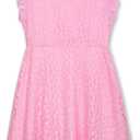 Girls Cotton Dress with Floral Mesh Flutter Sleeves Back Zipper for Kids Pink (Pink)