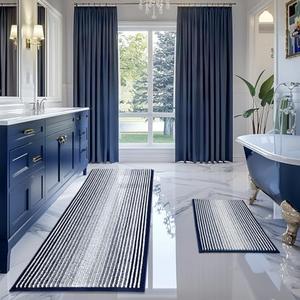 BSICPRO Bathroom Rugs and Mats Sets, 2 Piece Thick Absorbent Chenille Bath Mat Rug Set Non Slip, Soft Shaggy Bath Room Floor Mats for Bathroom, Machine Washable (Navy, 24" x 70" Plus 20" x 32")