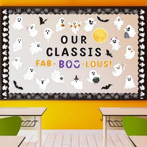 B1ykin Ghost Bulletin Board Decorations Set - 134Pcs Moon Bats Classroom Decor with Borders, Our Class is FAB-Boo-LOUS Halloween Paper Cutouts Name Tags Party Supplies for Classroom Door Wall Home