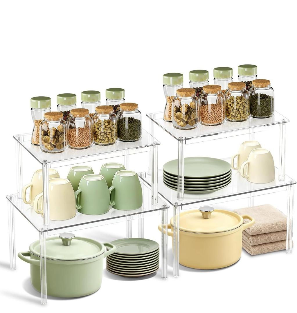 Clear Kitchen Cabinet Organizer, Set of 4 Stackable Spice Rack, Acrylic Shelves for Pantry Organizers and Storage, Tiered Spice Organization for Cabinet, Shelf Organizer for Desk Countertop