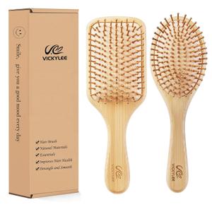 VICKYLEE Natural Wooden Hair Combs set 2 in 1 Bamboo Bristle Detangling Hairbrush for Elderly Adults,Man,Woman Reduce Frizz, Massage Scalp for Straight Curly Wavy Dry Wet Thick or Fine Hair