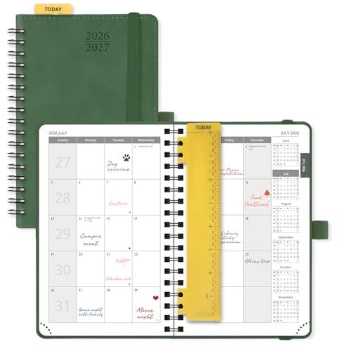 POPRUN 2026-2027 Monthly Planner, Small 4" x 6.25", 18 Month Calendar Agenda (July 2026 - December 2027) with Expense Tracker, Notes Pages, Sprial Bound, Leather Softcover - Green