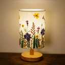 Dried Flowers Table Lamp, 7w Led 3-Color Pressed Floral Beside Lamp,Cute Vintage Linen Shade Desk Lamp for Bedroom Office with Wood Base