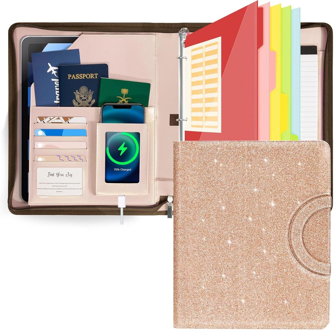 Trapper Keeper Binder Leather Business Portfolio Organizer with Zipper, Detachable 3 Ring Binder with Storage Clipboard, Fits Letter Size Paper, with Refillable Notepad, 5 Extra Folder Fivider Pages (Rose Gold)