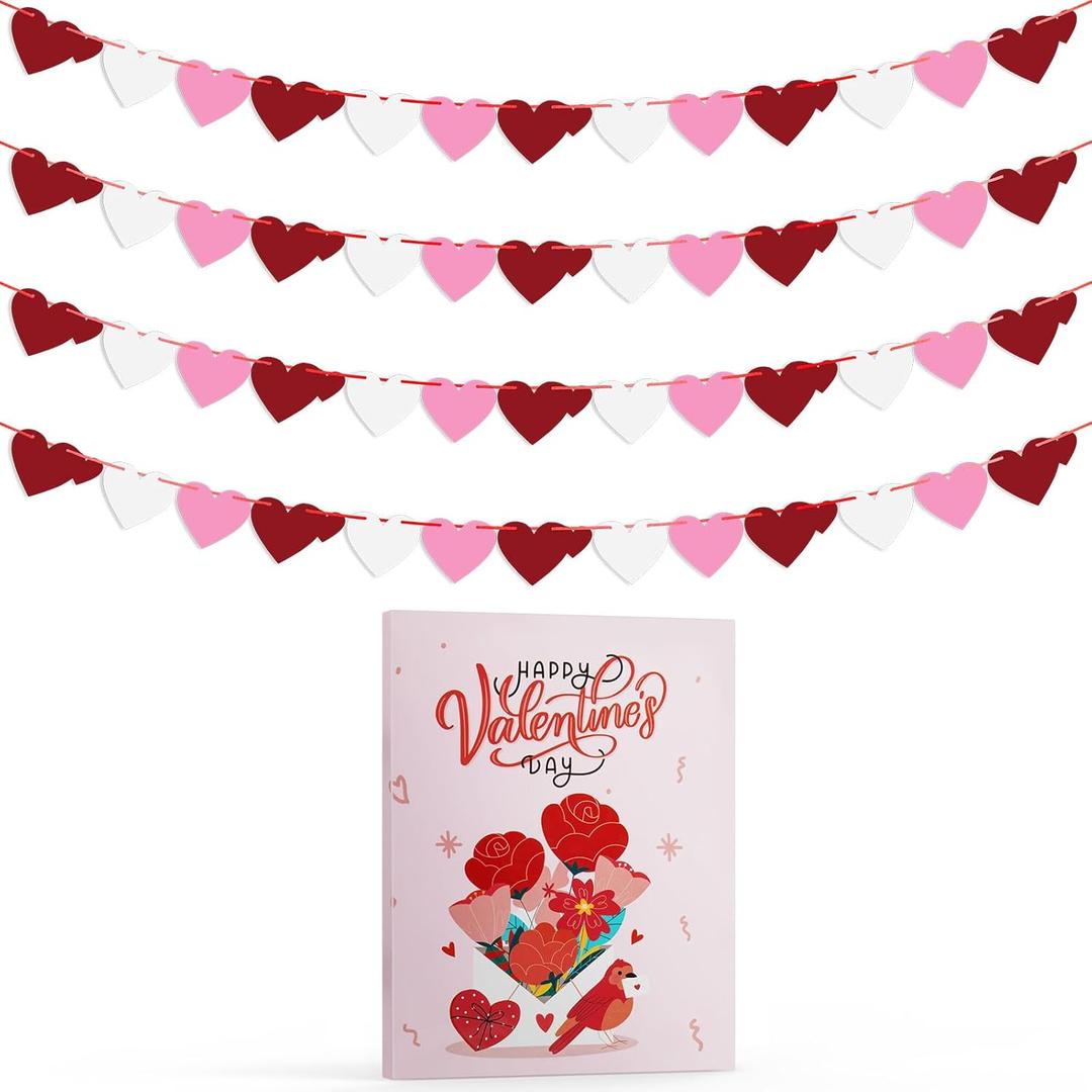 3 x Valentines Heart Garland Banner, Pre-Strung - Valentines Decorations - Valentines Banner Garland- Anniversary Wedding Birthday Party Decorations - Outdoor Home Hanging galentine's Day Decor