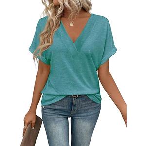 T Shirts Short Sleeve V Neck Tees Womens Tops Beach Vacation Fashion Clothes 2025 Casual Summer Spring Fall Outfits Lake Blue Size L