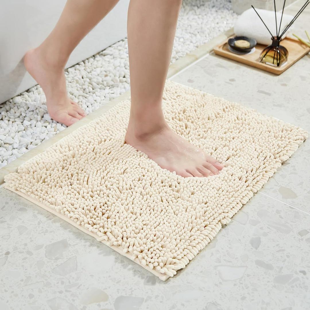 TECHMILLY Soft Fluffy Chenille Bathroom Rugs, Non Slip Absorbent Bath Mats for Bathroom, Washable and Quick Dry, Cream, 17" x 24"