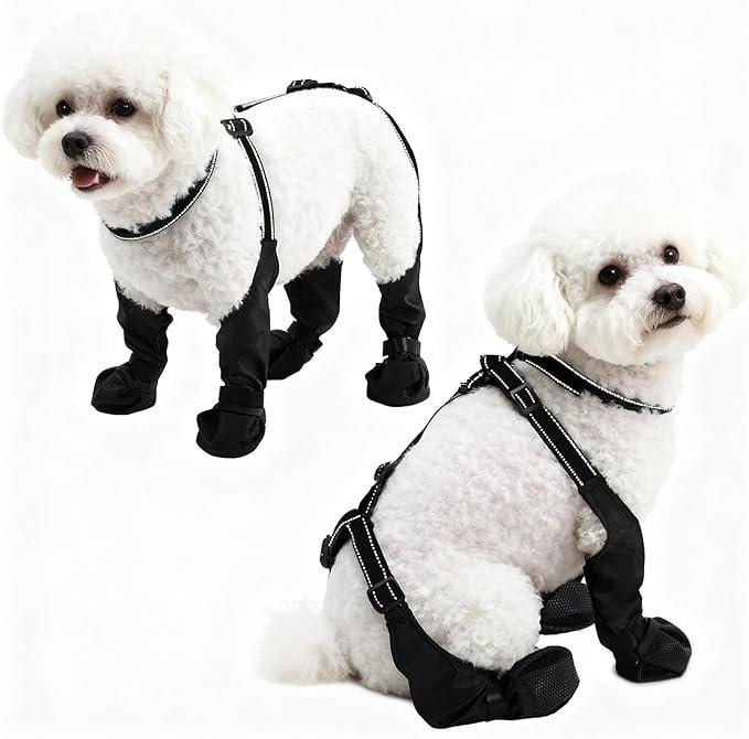 Waterproof Dog Boots for Small/Medium Dogs -Dog Paw Protectors Dog Suspender Boots Anti-Slip Pet Shoes for Outdoor Walking, Reflective Stay-On, Dirt-Proof Comfortable Booties (Black, New-M)