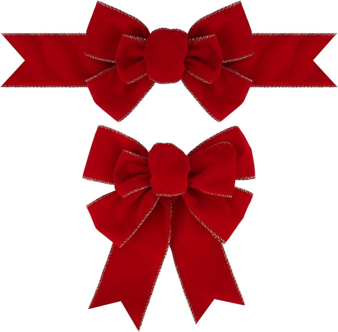 2 Pcs Red Velvet with Gold Eadge Christmas Burlap Bow Handmade Premade Bows for Wreaths Large Decorative Christmas Ornaments Tree Decorations Wrapping Bows Decor (Red Velet)