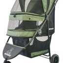 ROODO 3 Wheel Pet Stroller Best Lightweight Foldable Compact Portable Jogger All Terrain Travel Pet Gear Puppy Kitty Stroller for up to 30lbs Medium Small Dogs and Cats(Green)