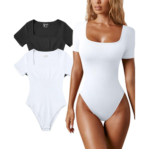 OQQ Women's 2 Piece Bodysuits Sexy Ribbed One Piece Square Neck Short Sleeve Bodysuits, Size M