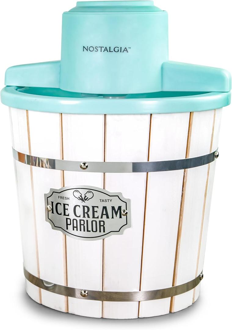 Nostalgia Electric Ice Cream Maker  Wood Bucket Parlor Style, Old Fashioned Soft Serve Ice Cream Machine Makes Frozen Yogurt or Gelato in Minutes - Fun Kitchen Appliance  White & Aqua - 4 Quart