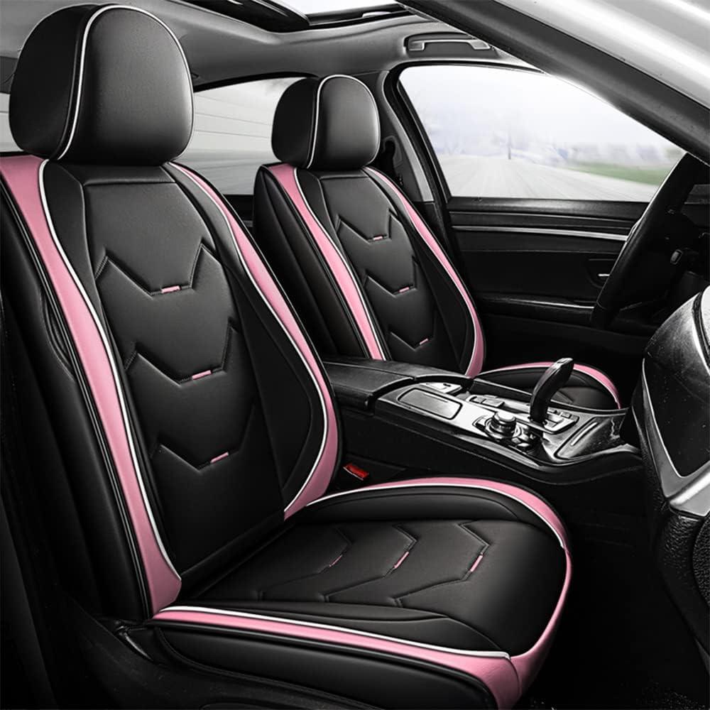 otoez Car Seat Covers Full Set, 5 Seat Pink Leather Seat Cover for Car, Waterproof Automotive Front and Back Seat Protectors for Most Sedens Trucks SUVs, Black & Pink (No Pillows)