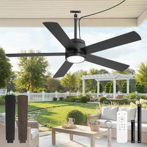 Fanbulous 52" Outdoor Ceiling Fan with Light and Remote, IP65 Waterproof, Plug-in Design with 10FT Cord, 6-Speeds, 3CCT, Hook Hanging Fan for Gazebo Patio Porch Garage Canopy(Black)