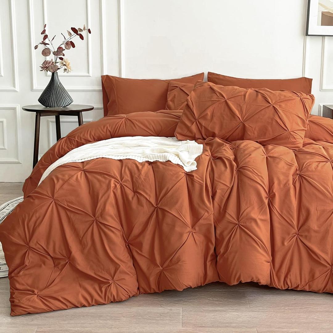 Maple&Stone Orange Comforter Set Queen, 7 Pieces Bed in a Bag Queen, Pintuck Bedding Sets with Comforter, Sheets, Pillowcases & Shams - Burnt Orange