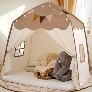 Extra Large Kids Play Tent with Flags & Star Lights, Portable & Foldable Teepee, Bed Tent Bed Canopy for Boys & Girls, Indoor Outdoor Dome Tent Playhouse, Kids Birthday Gift, 40H×28W in,Brown