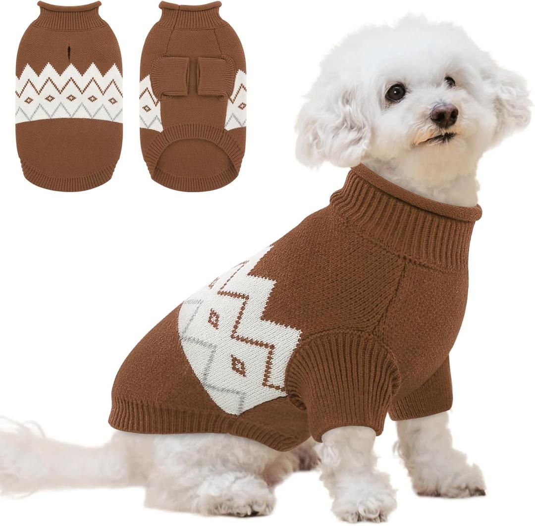 Queenmore Warm Dog Sweater, Soft Pet Knitwear, Knitted Pullover, Winter Pet Clothes for Medium Dogs Cats (Brown, M)