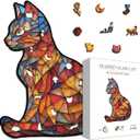 Wooden Stained Glass Puzzles for Adults, Mosaic Cat Jigsaw Puzzle 150 Pieces Art, Colorful Kitten Wood Kitty Puzzle,Unique Animal Shape