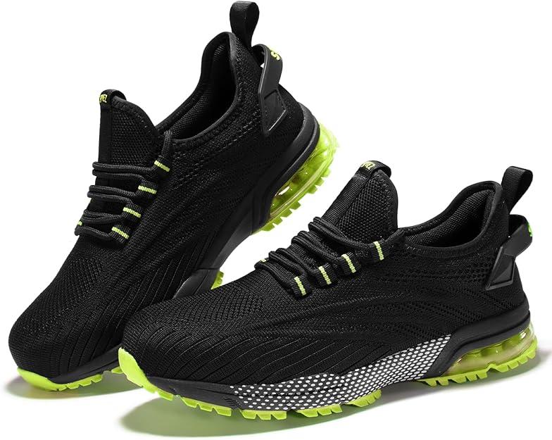 SPIEZ Composite Toe Shoes for Men Women, Lightweight Breathable Non Steel Toe Safety Shoes, Puncture Proof Slip Resistant Work Sneakers Black Blue/Black Yellow US5-12