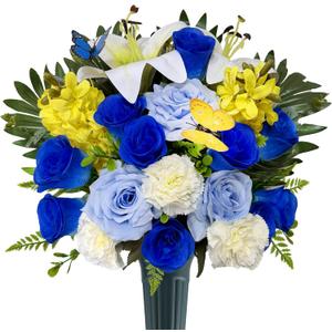 Artificial Cemetery Flowers with Vase for Grave Decoration - Headstones Memorial Flowers Bouquet- Blue Rose White Lily Carnation Yellow Hyacinth