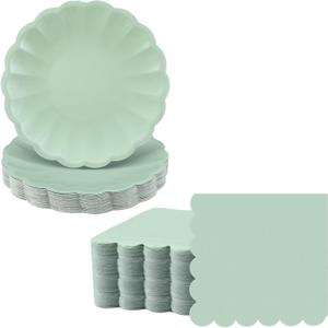 Newtay 100 Pcs Scalloped Paper Plates and Napkins Set Include 50 Pcs 9.5 Inch Large Scalloped Plates 50 Disposable Napkins 5 x 5 Inch for Birthday Dinner Wedding Picnic Party Supplies (Sage Green)