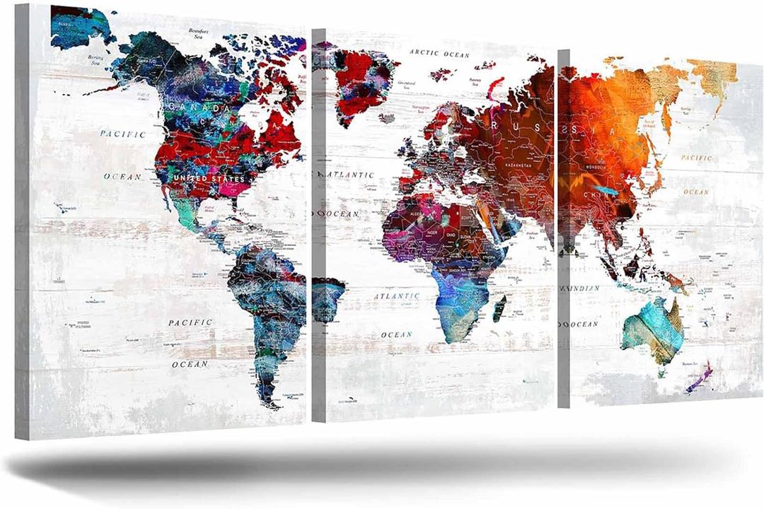 World Map Wall Art Living Room Wall Decor Office Pictures for Wall Decorations Large Abstract Art 60" W x 28" H Framed Paintings for Dining Room (60L" x 28W", 2-Colorful)