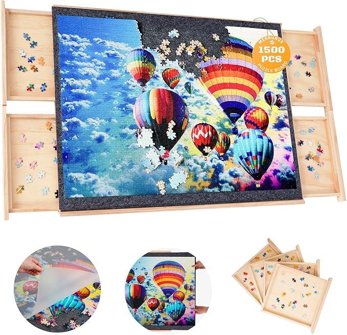 1500 Piece Rotating Puzzle Board with 4 Drawers, 27"x36" Wooden Jigsaw Puzzle Board with Cover, Portable Puzzle Table for Adults Kids Seniors