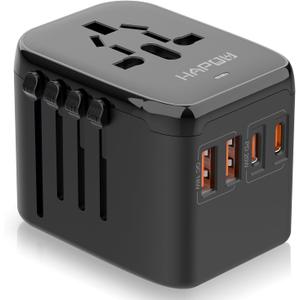 Universal Travel Adapter, PD20W International Power Adapter, 2 USB-C & 2 USB-A Fast Charging Travel Charger, All in One Worldwide Travel Plug Adapter, Outlet Adapter for Europe EU UK USA AU