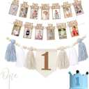 Baby First Birthday Party Decorations First Highchair Banner For Baby Boys Blue High Chair Banner Crown Cake Topper Baby Photo Banner 1st Birthday Photo Backdrop (Blue)