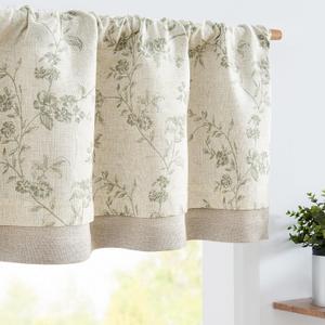 jinchan Linen Valance Curtains for Windows 16 Inch Christmas Decorations Floral Double Layer Kitchen Valance Living Room Darkening Cottagecore Farmhouse Flower Window Treatment 1 Panel Green on Beige
