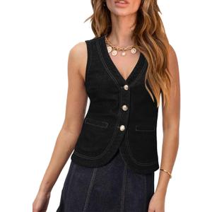 PRETTODAY Women's V Neck Denim Vest Button Down Sleeveless Casual Jean Waistcoast Top (Large, Black)