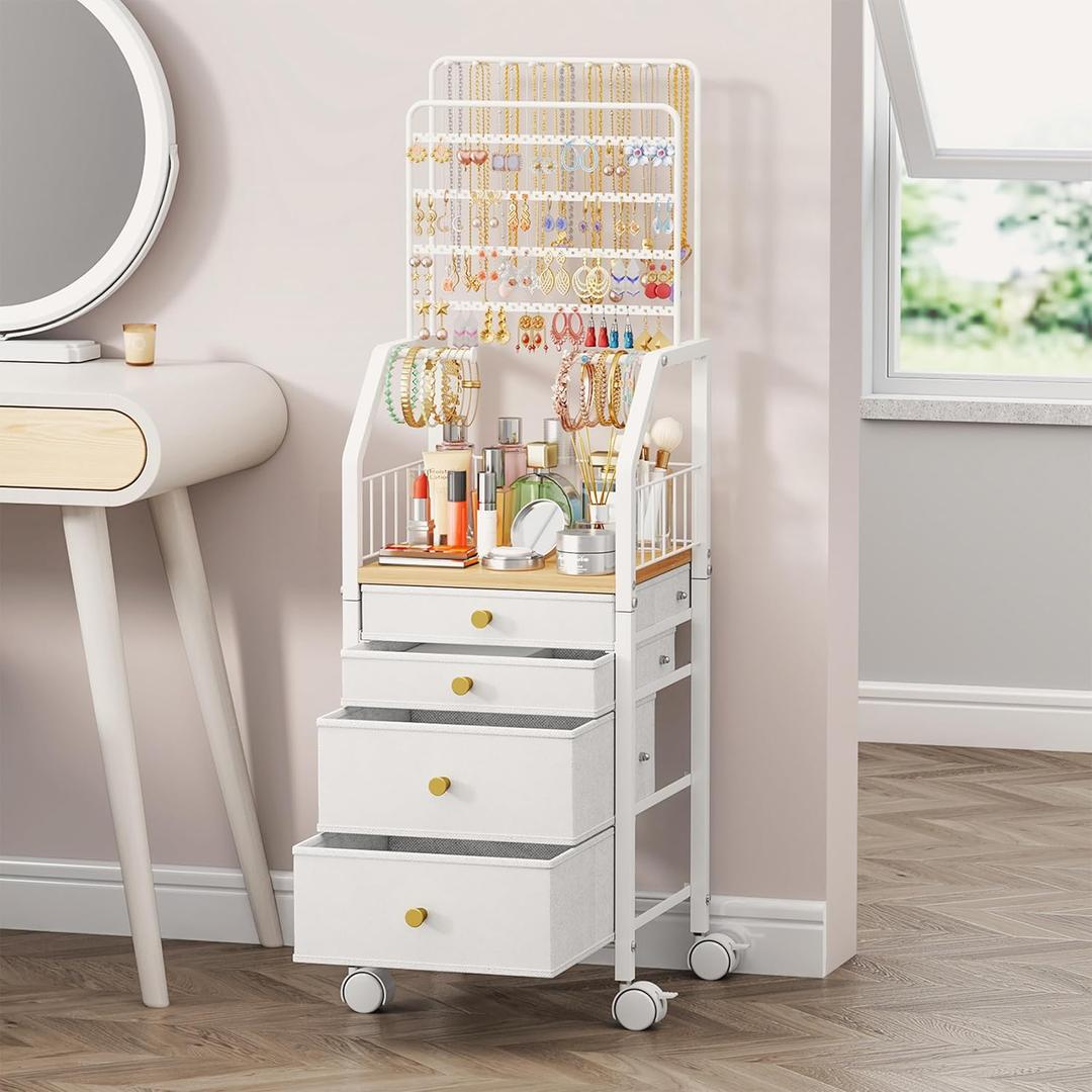 SWTYMIKI Large Jewelry Organizer Stand - Multifunctional Rack Tower for Necklace, Earring, Ring & Bracelet Display - Moveable Storage Jewelry Holder Stand with 4 Nonwoven Drawers for Bedroom White