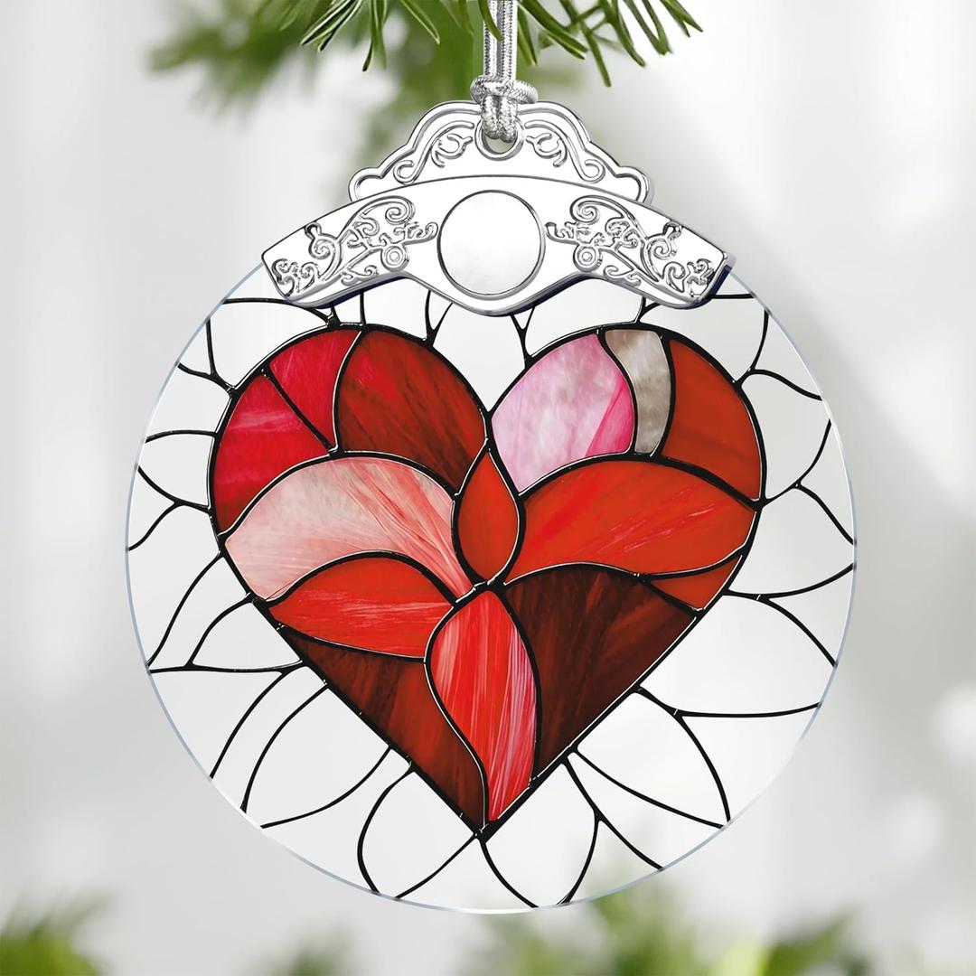 3 Packs Valentine Heart Stained Glass Ornament, Christmas Ornament Christmas Tree Decor, Holiday Decor, Stocking Stuffer, Gift Idea, Valentine's Day Gift, Gifts for Girlfriend, Lover, Couple, Wife 