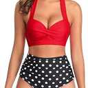 Tempt Me Women Two Piece Vintage Swimsuit Retro Halter Ruched High Waist Bikini with Bottom, S