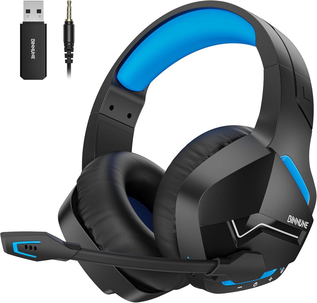 BINNUNE Wireless Gaming Headset with 2.4GHz for PS5, PS4, PC, Switch, FPS Gamers, 120Hrs+ Bluetooth 5.3 Gaming Headsets with Noise Canceling Mic, 50MM Headphones for Laptop, Mobile, Mac (Black/Blue)