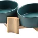 SPUNKYJUNKY 15 Slanted Ceramic Dog and Cat Bowl with Wooden Stand, Tilted Bulldog Food and Water Bowl No Slip Non-Spill for Cats Medium Dogs Big Face Pets 13.5 OZ (1.7 Cups, Green  2)
