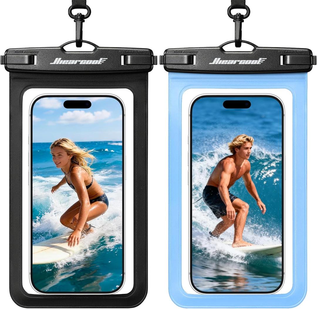 Hiearcool Waterproof Phone Pouch, Waterproof Beach Bag Compatible for iPhone 17 16 15 14 13 Pro Max, IPX8 Cellphone Travel Essentials for Beach -Black & Sky Blue, 2 Pack