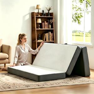 Folding Foam Mats 4 Inches Foldable Floor Pads with Collapsible and Washable Cover, Portbale Travel Mat Tri-fold Guest Mattress Camping Sofa Bed