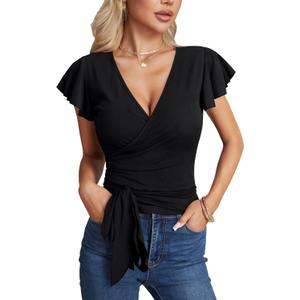 Vrtige Women's Top Deep V Neck Short Sleeve Shirt Tie Up Front Ruched Crop Wrap Blouse (X-Large, Black)