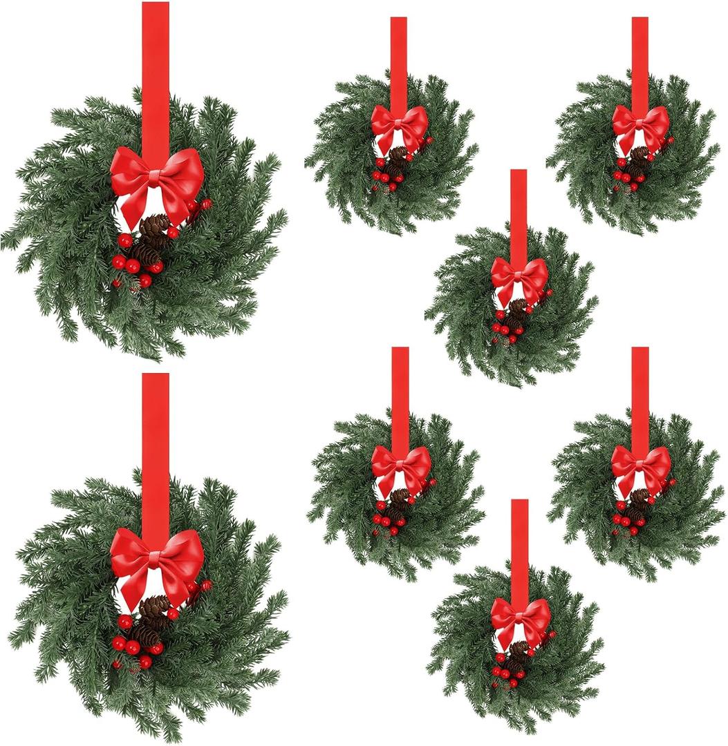 8Pcs Cabinet Wreaths for Kitchen 7.9 Inch Christmas Wreath With Red Ribbon And Cedar Red Berries,Mini Christmas Wreaths For Cabinets Windows Chairs Decor Christmas Candle Rings For Table Decor
