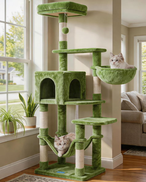 Hey-brother Cat Tree, Multi-Level Sisal Covered Scratching Posts, MPJ050GR
60.6 Inches Tower with Condo, Large Hammock, Top Perch, Toy Ball for Indoor Multi-Cats Households, Green
